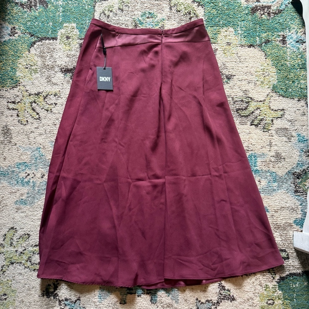DKNY Cabernet Satin Midi Skirt NWT | Size 10 | Burgundy Asymmetrical Flowy Skirt - Picture 8 of 11